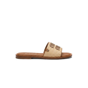 Miu Miu Logo Raffia Slide Sandal – Beige/Cognac