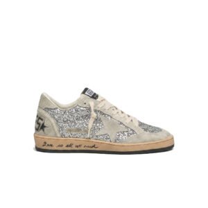 Golden Goose Ball Star in silver glitter with ice-gray suede inserts