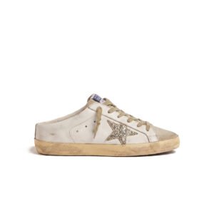 Golden Goose Super-Star Sabot with a platinum glitter star and suede tongue